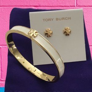 TORY BURCH RAISE KIRA LOGO LACQUERED BRACELET AND EARRINGS 18K GOLD SET